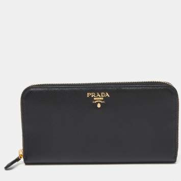 Pre Owned Prada Black Saffiano Leather Zip Around Wallet