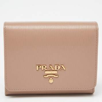 Pre Owned Prada Beige Vitello Metal Leather Logo Trifold Wallet