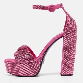 Pre Owned Prada Pink Satin Crystal Embellished Platform Ankle Strap Sandals Size 39