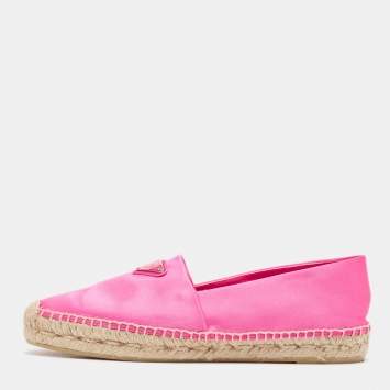 Pre Owned Prada Pink Satin Logo Plaque Espadrille Flats Size 38