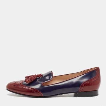 Pre Owned Prada Burgundy/Navy Blue Leather Smoking Slipper Flats Size 38