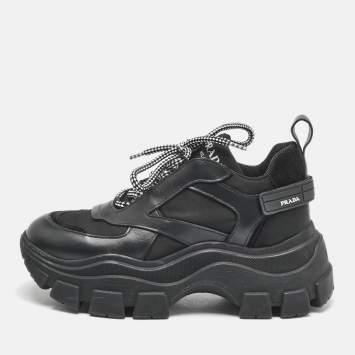 Prada Black Leather Nylon and Leather Pegasus Chunky Sneakers Size 38.5