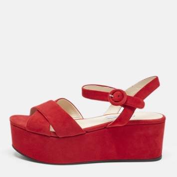 Pre Owned Prada Red Suede Platform Ankle Strap Sandals Size 38