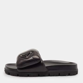 Prada Black Leather Padded Flat Slides Size 36.5