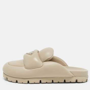 Pre Owned Prada Beige Leather Padded Flat Mules Size 37