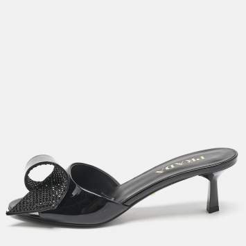 Pre Owned Prada Black Patent Leather and Satin Bow Slide Sandals Size 39