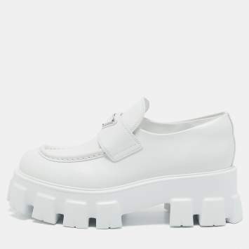 Prada White Leather Monolith Triangle Logo Loafers Size 39