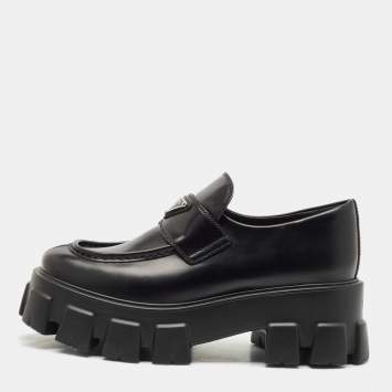 Pre Owned Prada Black Leather Triangle Logo Monolith Loafers Size 39