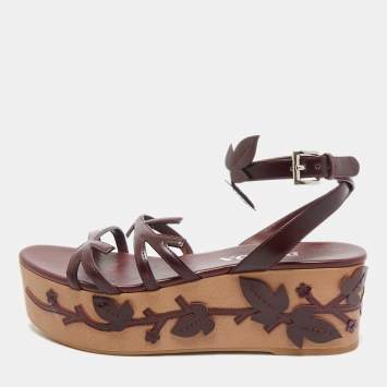 Prada Burgundy  Leather Wedge Ankle Strap Sandals Size 37.5