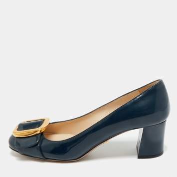 Pre Owned Prada Navy Blue Patent Leather Buckle Block Heel Pumps Size 36.5