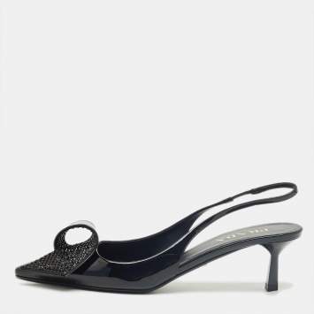 Pre Owned حذاء كعب عالي برادا جلد لامع أسود مزين بالكريستال فتحة كعب مقاس 41