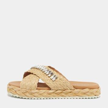 Pre Owned Prada Beige Raffia Crystal Embellished Platform Slide Sandals Size 36 