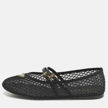Pre Owned Prada Mary Jane Size 41 Black Leather and Mesh Logo Ballet Flats
