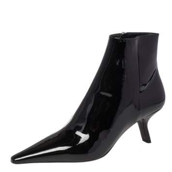 مملوكة مسبقًا Prada Black Patent Leather Slanted Heel Pointed Toe Ankle Boots Size 37