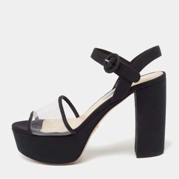 Pre Owned Prada Black  PVC  And Canvas Open Toe Platform Ankle Strap Sandals Size 37