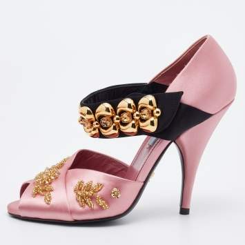 Pre Owned Prada Pink/Black Satin Crystal Embellished Peep Toe Sandals Size 38