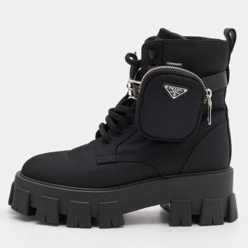 مملوكة مسبقًا Prada Black Nylon Monolith Ankle Boots Size 38