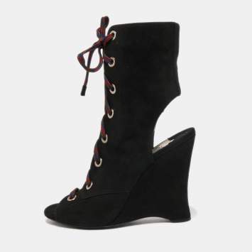 مملوكة مسبقًا Prada Black Suede Open Toe Lace Up Cut Out Wedge Booties Size 40