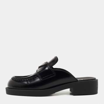 Pre Owned Prada Black Leather Logo Loafer Mules Size 36