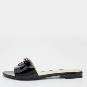 Pre Owned Prada Black Patent Leather Logo Bow Detail Flat Slides Size 36.5
