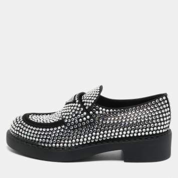 Pre Owned Prada Black Satin Crystal Embellished Loafers Size 38