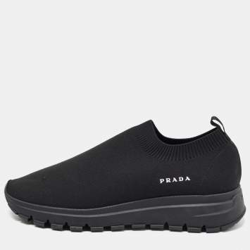 Pre Owned Prada Black Knit Fabric Slip On Sneakers Size 37.5