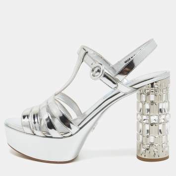Pre Owned Prada Silver Leather Crystal Embellished Ankle Strap Sandals Size 38