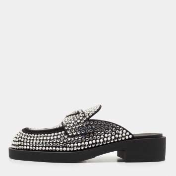Pre Owned Prada Black Satin Crystal Embellished Mules Size 36