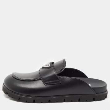 Pre Owned Prada Black Leather Sabots Flat Mules Size 36.5