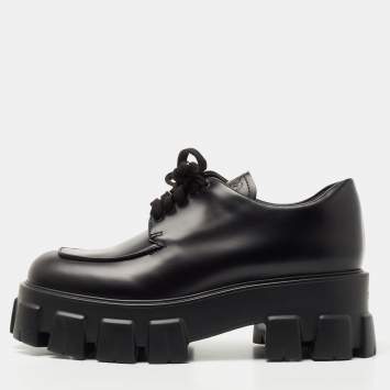 Pre Owned Prada Black Leather Monolith Platform Derby Size 38.5