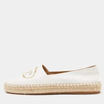 Pre Owned Prada Off White Canvas Embroidered Logo Espadrille Flats Size 39