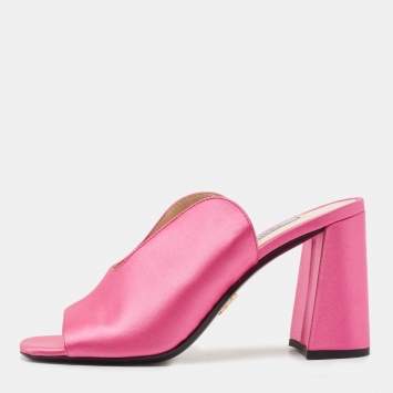 Pre Owned Prada Pink Satin Block Heel Slide Sandals Size 36