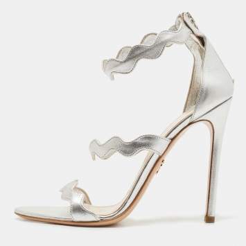 Pre Owned Prada Silver Leather Ankle Strap Sandals Size 39.5