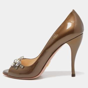 Pre Owned Prada Metallic Patent Leather Crystal Embellished Peep Toe Pumps Size 38