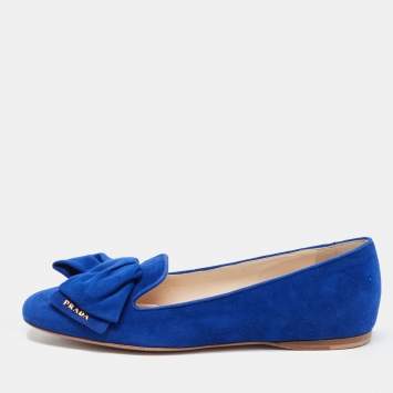 Pre Owned Prada Blue Suede Bow Ballet Flats Size 37.5