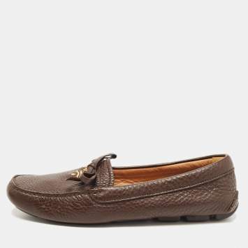 Pre Owned Prada Dark Brown Leather Bow Loafers Size 38