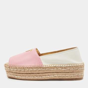Pre Owned Prada Pink/White Leather Open Toe Platform Espadrilles Size 36