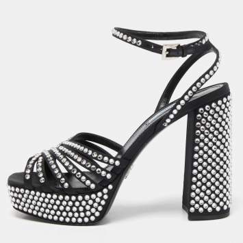 Pre Owned Prada Black Suede Crystal Embellished Ankle Strap Sandals Size 39