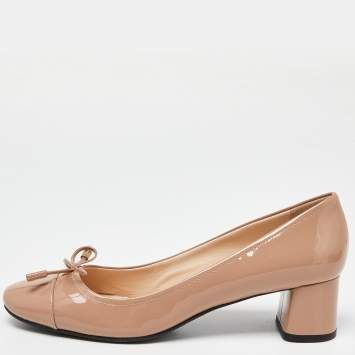Pre Owned Prada Beige Patent Leather Bow Block Heel Pumps Size 40