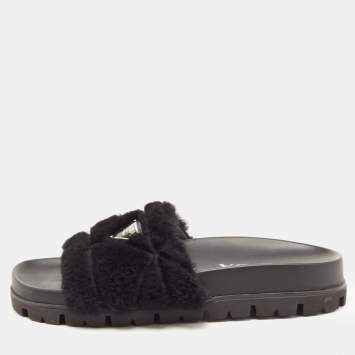 Pre Owned Prada Black Fur Open Toe Flat Slides  Size 36