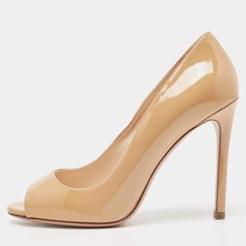 Pre Owned Prada Beige Patent Leather Peep Toe Pumps Size 36.5