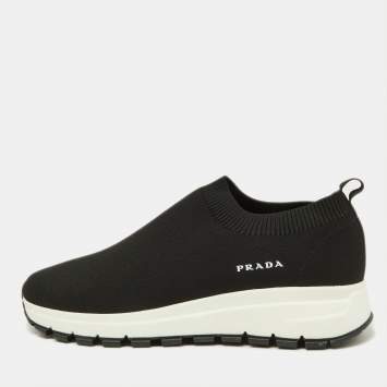 Pre Owned Prada Black Knit Fabric Slip On Sneakers Size 37.5