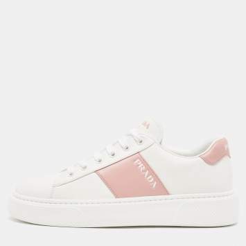 Pre Owned Prada White/Pink Leather Low Top Sneakers Size 39.5