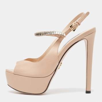 Pre Owned Prada Beige Leather Crystal Embellished Ankle Strap Sandals Size 36.5