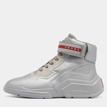 Pre Owned Prada Sport Silver Leather High Top Sneakers Size 36.5