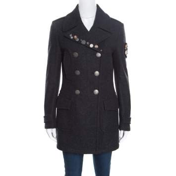 Pre Owned Prada Sport Grey Wool and Alpaca Button Embellished Double Breasted Coat S