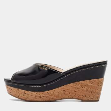 Pre Owned Prada Sport Black Patent Leather Cork Platform Wedge Slide Sandals Size 41.5