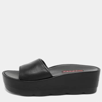 Pre Owned Prada Sport Black Leather Platform Slide Sandals Size 37