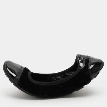 Pre Owned Prada Sport Black Velvet and Patent Leather Cap Toe Ballet Flats Size 36