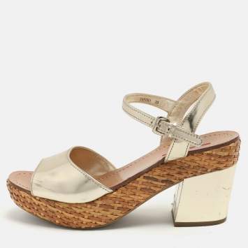 Pre Owned Prada Sport Gold Leather Platform Ankle Strap Sandals Size 39